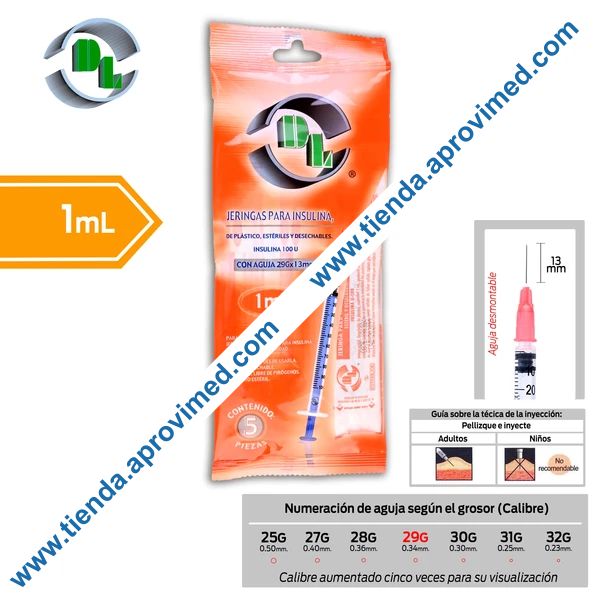 Jeringa desechable para insulina 1 ml con aguja desmontable - Paquete 5 pzs