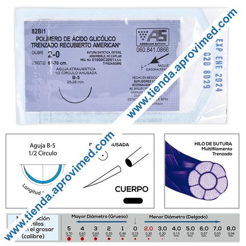 Sutura absorbible de ácido glicólico — Calibre 2-0, 67-70 cm