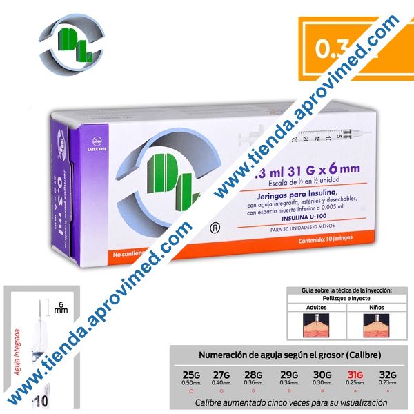 Jeringas de insulina desechables con aguja integrada 0.3 ml — Paquete 10 pzas