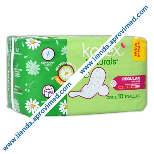 Toallas Femeninas con Alas Kotex Naturals para Flujo Abundante — Paquete 10 pzas