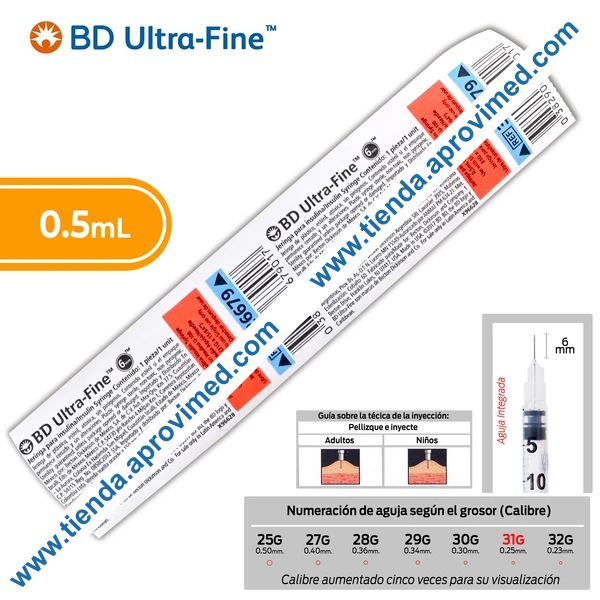 Jeringa de insulina 0.5 ml con aguja integrada 31G
