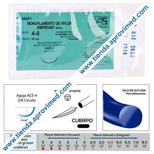 Sutura monofilamento de nylon azul 4-0 con aguja ACE-4 — 1 pza