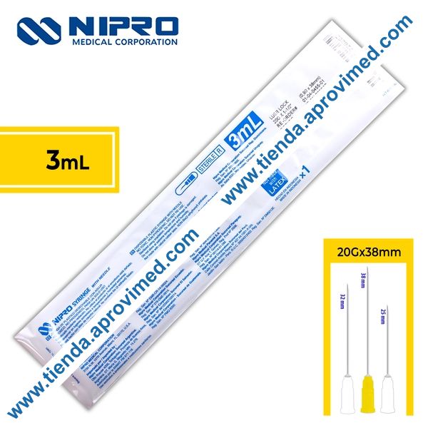 Jeringa hipodérmica de 3 ml con aguja de 20G — 1 pieza