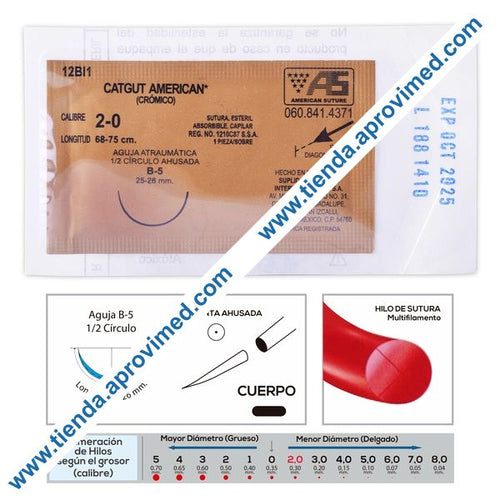 Sutura absorbible de catgut crómico — Calibre 2-0, 1 pza