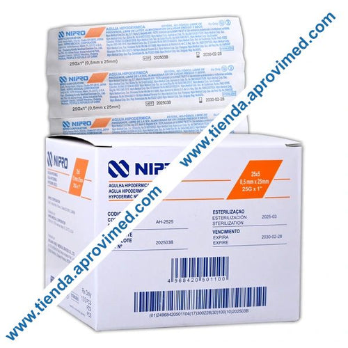 Agujas hipodérmicas desechables Nipro 25G x 1" — Caja 100 pzas
