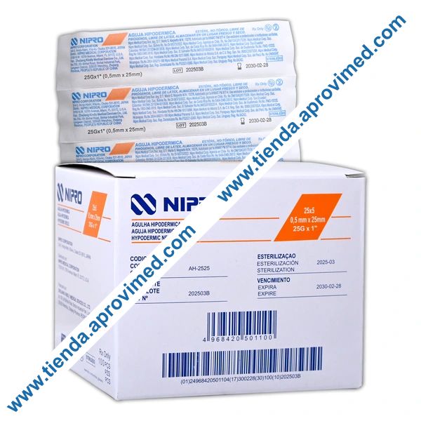 Agujas hipodérmicas desechables Nipro 25G x 1" — Caja 100 pzas