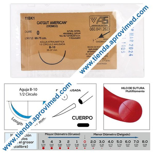 Sutura absorbible de catgut crómico — Calibre 0 con aguja B-10