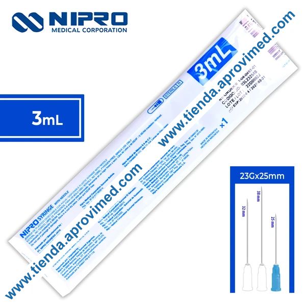 Jeringa hipodérmica 3 ml con aguja azul de 23G — 1 pieza