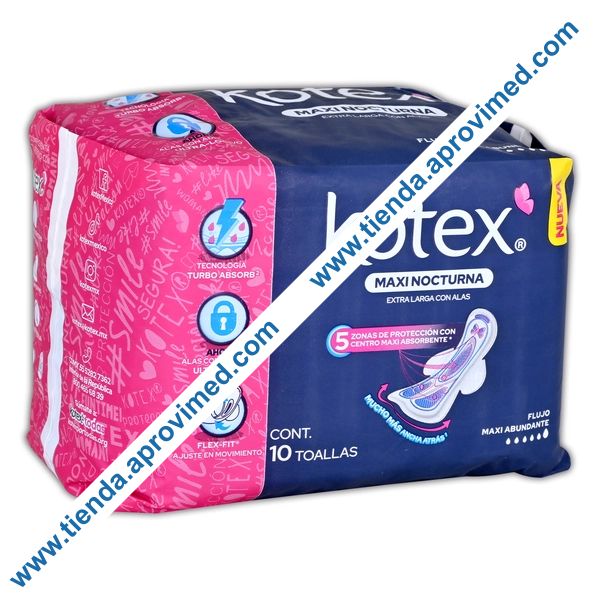 Toallas femeninas Kotex Maxi Nocturna con alas — Paquete 10 pzas